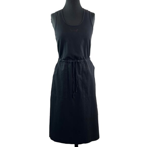 EILEEN FISHER Black Twill Dress Cotton Drawstring Scoop Neck Size 2XS FLAW - Picture 1 of 9